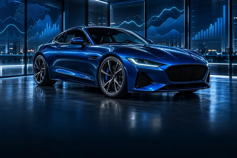 Carro azul em ambiente de análise de preço com painéis luminosos