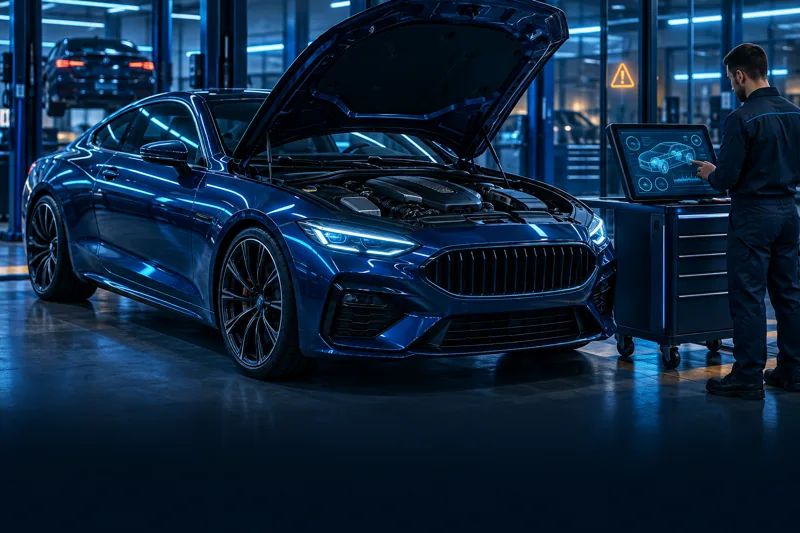 Automóvel com capô aberto e equipamento de diagnóstico
