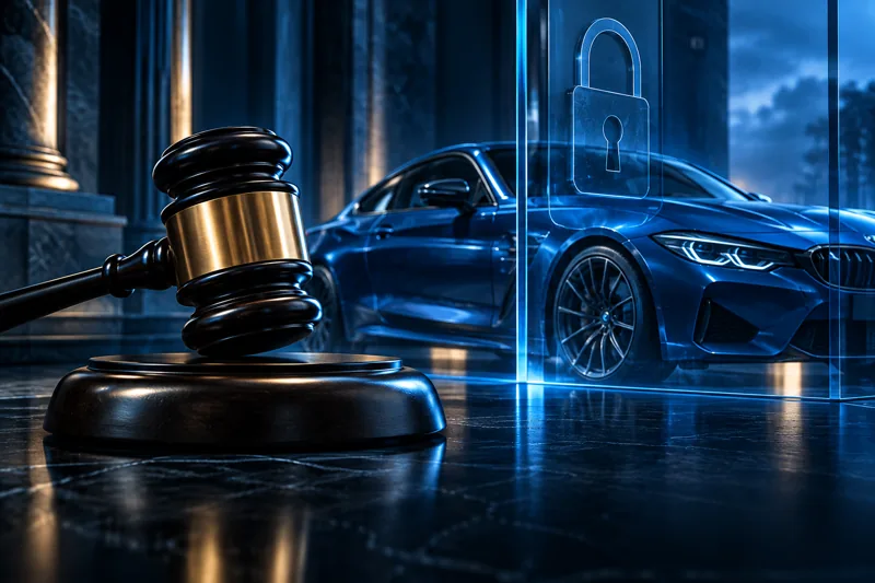 Martelo judicial e automóvel azul ao fundo