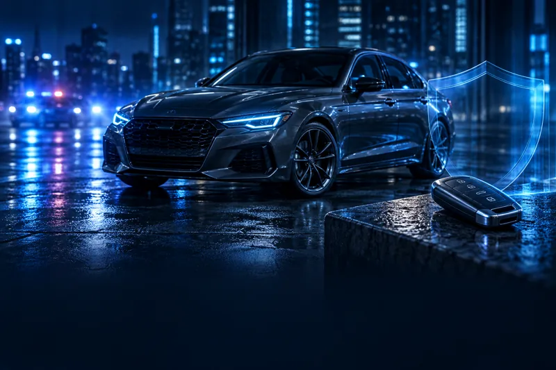 Chave, carro e luzes de patrulha desfocadas em uma rua azul