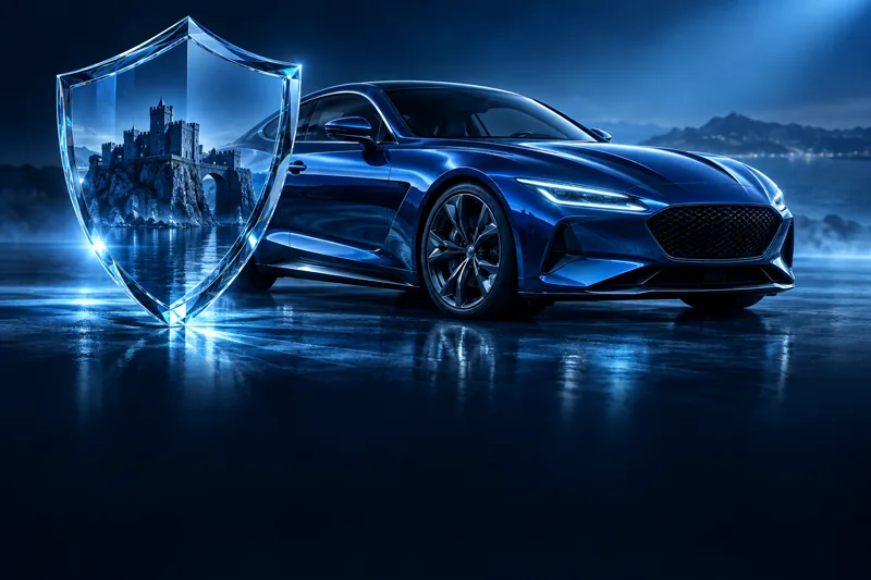 Escudo de vidro diante de um automóvel azul